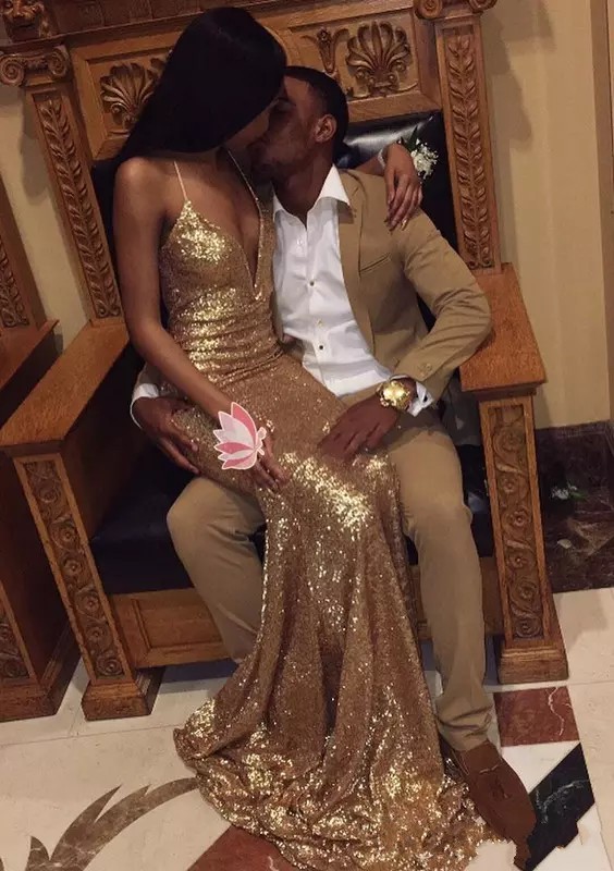 2018 Arabic Gold Sequins Sexy Spaghetti Straps Mermaid Prom Dresses Deep V Neck Sleeveless Backless Party Evening Gowns Vestidos De Novia