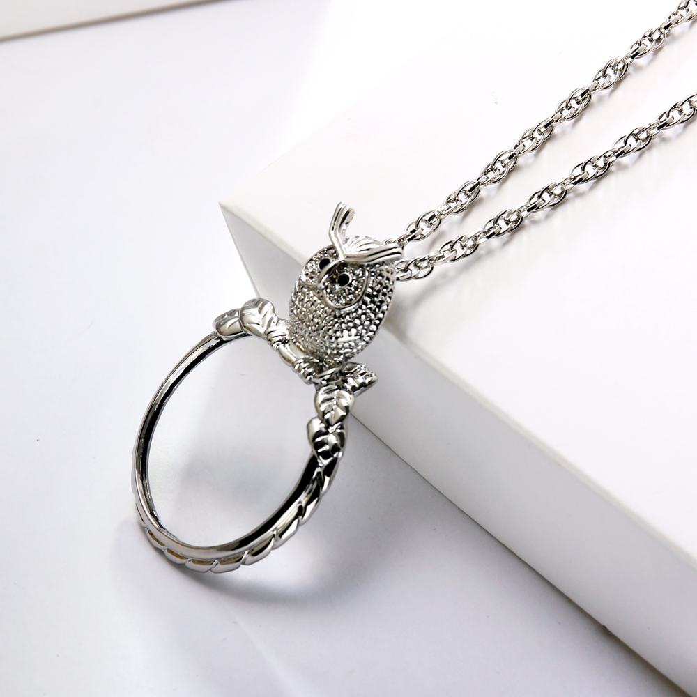 Magnifying glass necklace for reading women's fashion Owl pendant necklace Rhodium plated with crystal Magnifier necklace