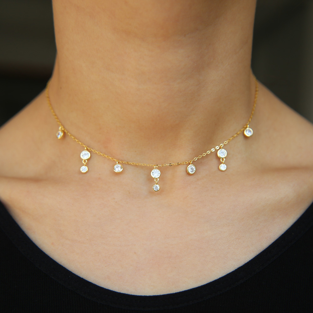 Cz diamond drop charm necklace choker collarbone bezel round cz charm lovely adorable women gift 925 sterling silver jewelry
