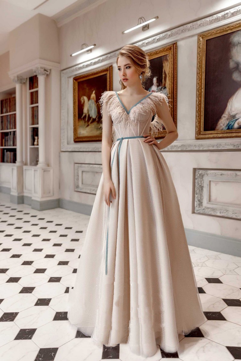 2019 Champagne Series Prom Dress V Neck Feathers Design Exposed Boning Floor Length Vintage Evening Dresses