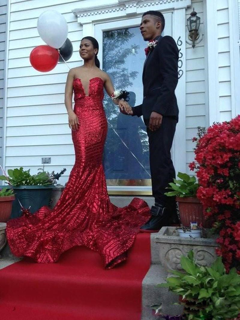 African Mermaid Sequin Prom Sparkly Elegant Deep V Neck Evening Gown Graduation Dresses Party Gowns Custom Made 0510