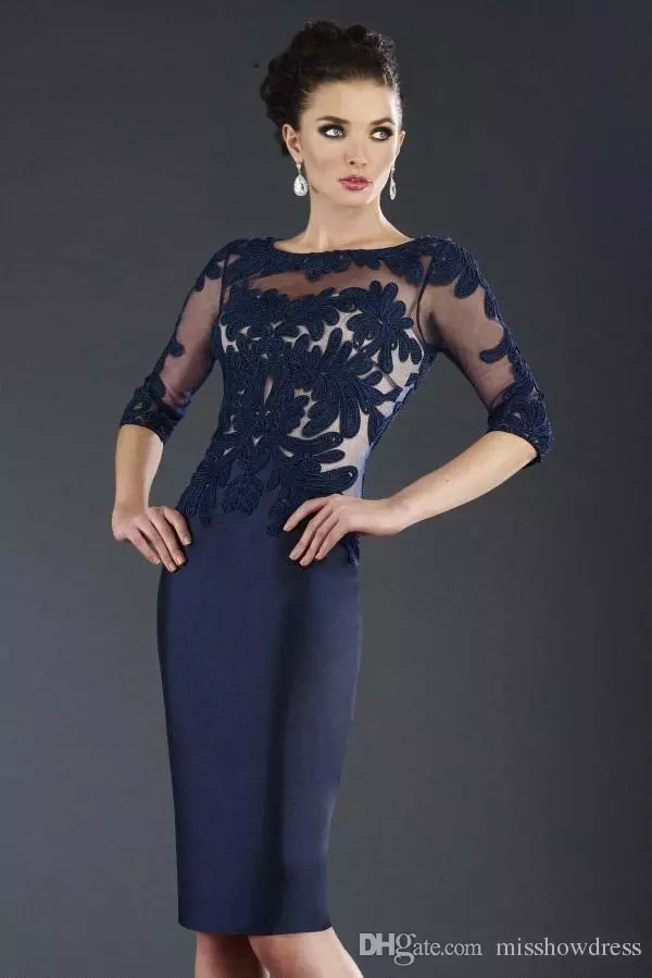 Lace Sheath Mother Of The Bride Groom Dresses Scoop Neck Half Sleeve Satin Wedding Guest Dress Knee Length Appliques Mother Evening Gowns