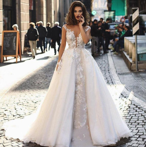 Modest Overskirts 2018 Wedding Dresses With Detachable Train Cap Sleeves Lace Appliqued Bohemian Beach Bridal Gowns Country vestido de novia