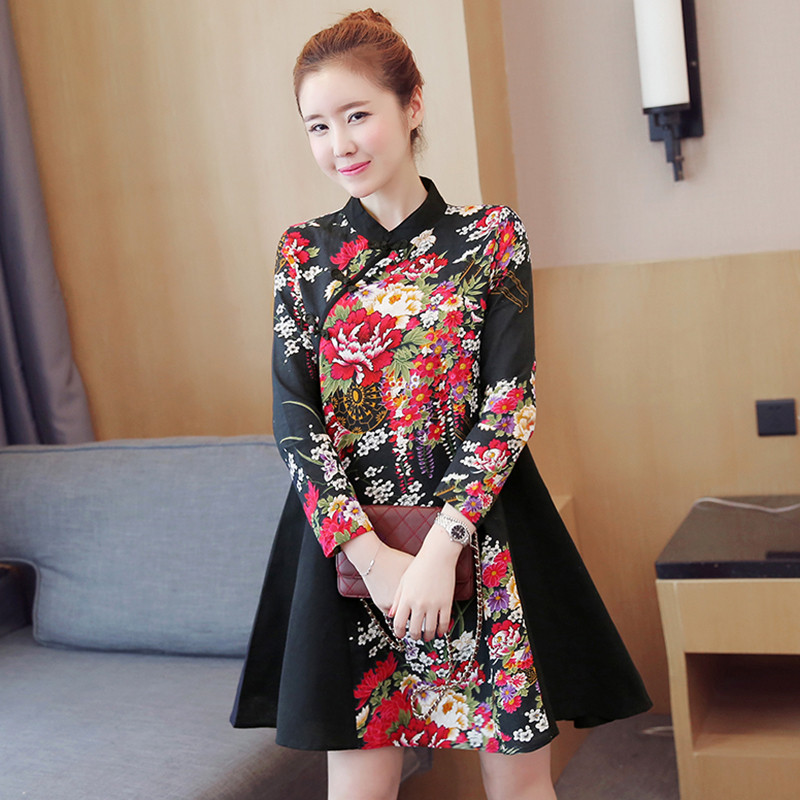 2017 Autumn Cotton Linen Qipao Dress Traditional Chinese Folk Style Improved Plate Buckle Printing A-Line Cheongsams Dresses
