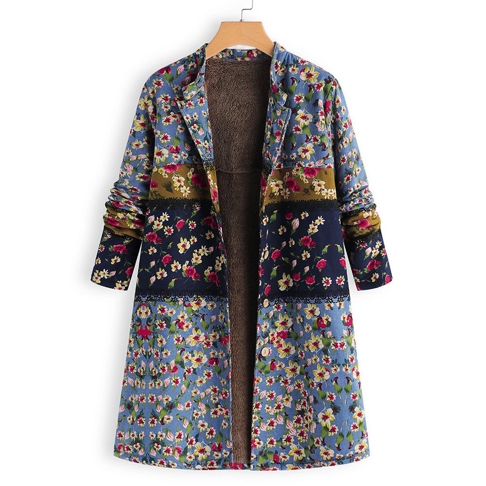 ISHOWTIENDA New Winter Warm Outwear Button Ral Print Pocket Vintage Oversize Manteau Femme Hiver Coat Women B3