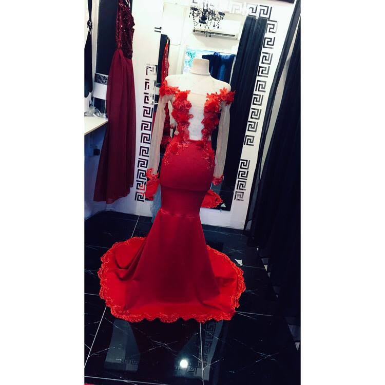 red mermaid new prom dresses long sleeves off the shoulder 3d flowrl appliqued lace evening gown sweep train formal party dress