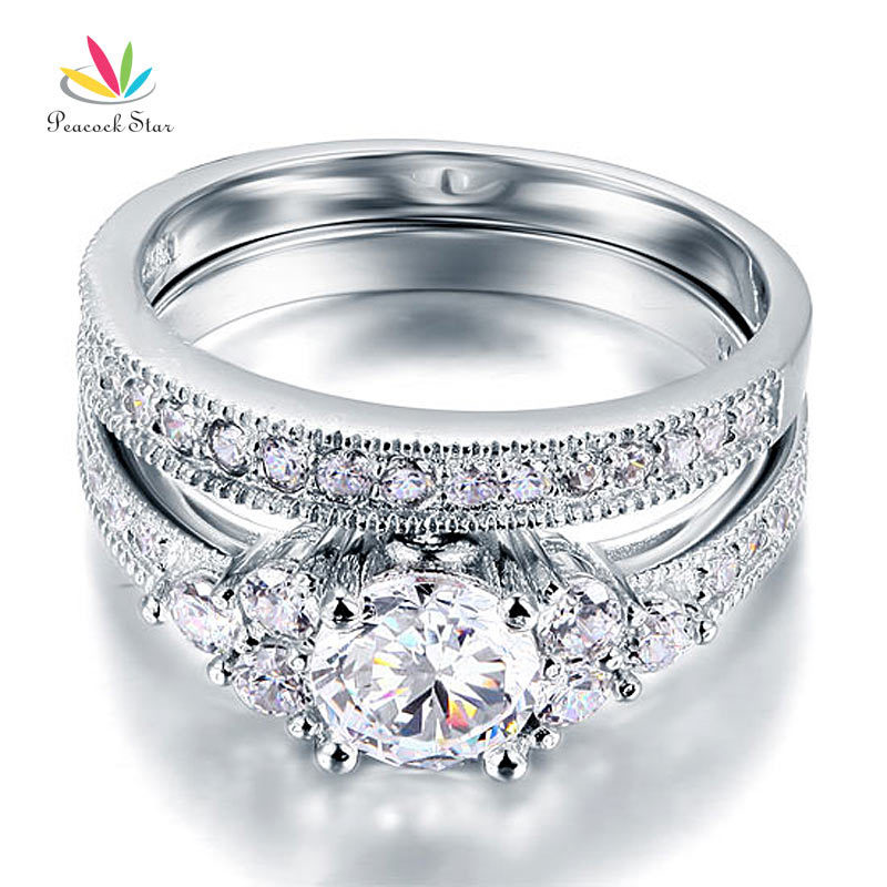Peacock Star Vintage Style 1 Ct Sterling 925 Silver 2-Pc Wedding Anniversary Engagement Ring Set Jewelry CFR8102 D18111306