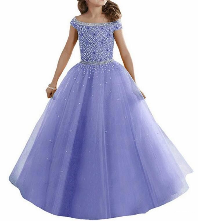 Royal Blue Off Shoulders Tulle Flower Girl Dresses Crystals Beaded Corset Back Floor Length Girls Pageant Gowns Kids Formal Party Wear