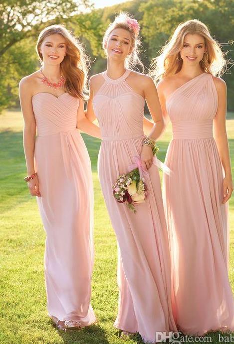 Pink Long Bridesmaid Dresses Mixed Neckline Chiffon Summer Lace Formal Prom Party Maid Of Honor Dresses Plus Size Custom Made