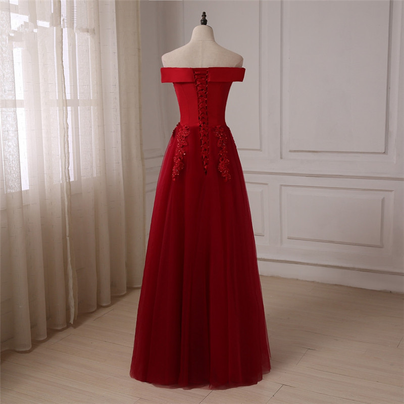 setwell Burgunday Bridesmaid Dresses Beaded Applique Off the Shoulder A-line Satin/ Tulle Bridesmaid Gowns Wedding Party Dress