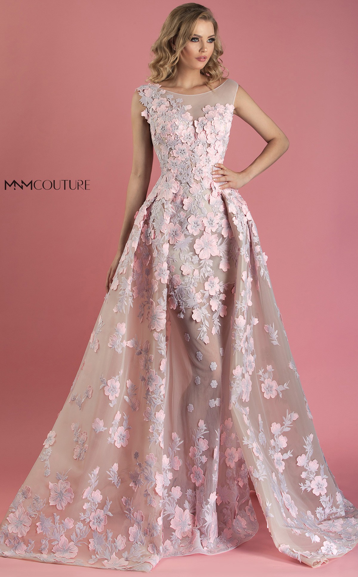 MNM Couture Mermaid Prom Dresses With Detachable Train Lace Applique Jewel Neck Luxury Evening Gowns Sweep Train Pink Formal Dress Party
