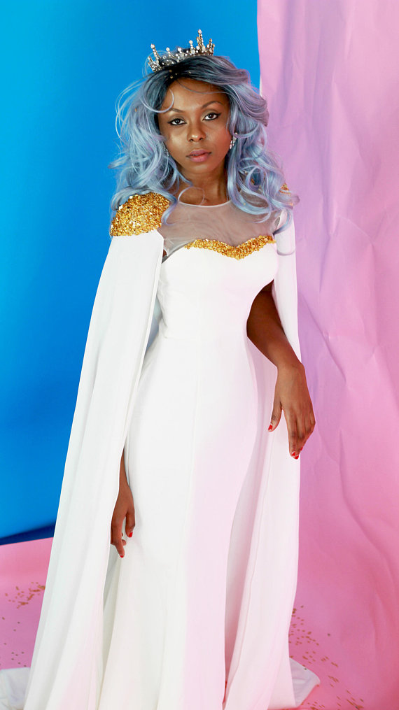 White Mermaid Prom Dresses With Gold Beaded Sequined Sweep Train Jewel Neck African Evening Gowns With Cape Plus Size Formal Dress Party