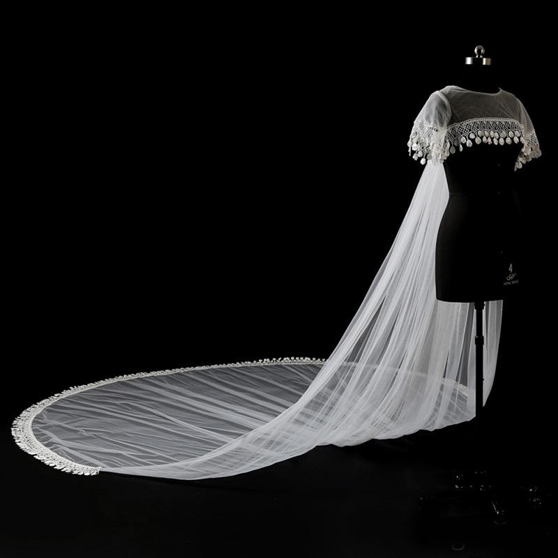 2020 Sheer Jewel Neck Short Sleeve 115inch Cathedral Train Wedding Bridal Wraps Applique Lace Wedding Bridal Capes