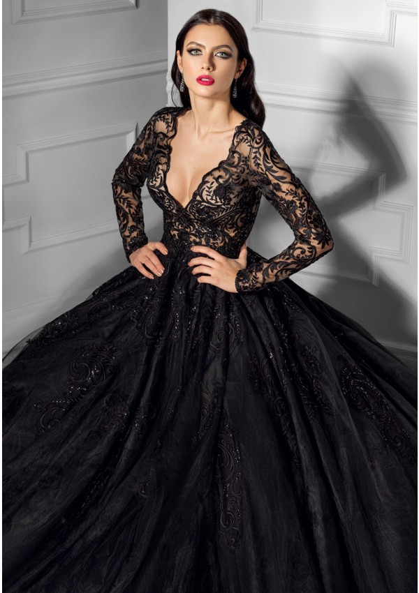 Elegant Black Long Sleeve Evening Dresses V Neck Lace Prom Dress Sweep Train Plus Size Red Carpet Party Gowns Custom