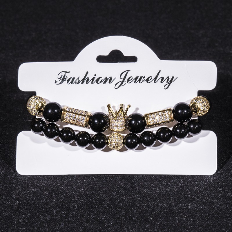 2pcs/Set Zircon Ball Men Women Jewelry Cubic Micro Pave CZ Crown Charm 8mm 10mm Black Onyx Round Stretchy Bracelet
