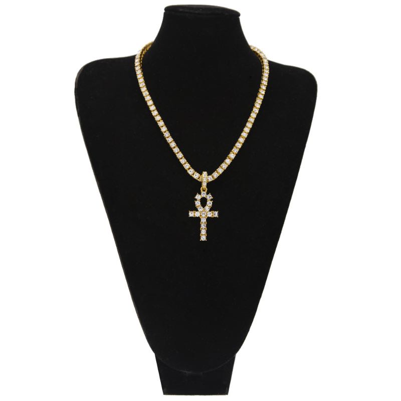 Egyptian Ankh Key Pendant Necklace Hip Hop Mens Rhinestone Link Cuban Chain Gold Plated Silver And Black
