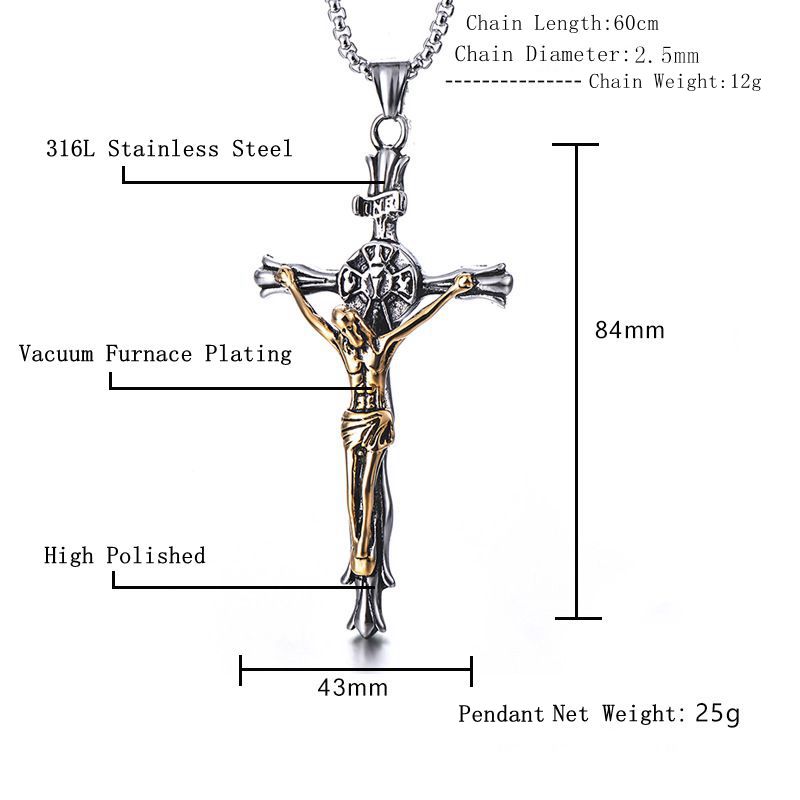 Mens Retro Jesus Cross Pendant Necklace Stainless Steel Gold Plated Fashion Jewelry Gift Non-fading Not Sensitive