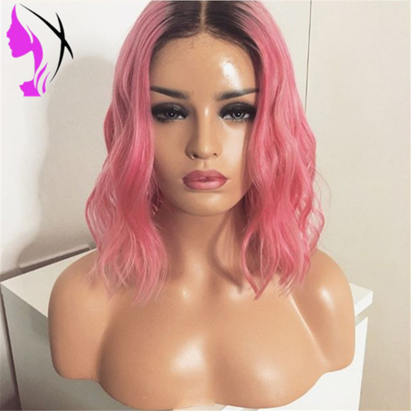 Hot ombre synthetic lace front wig heat resistant pink color Simulation Human Hair short bob wig for black women