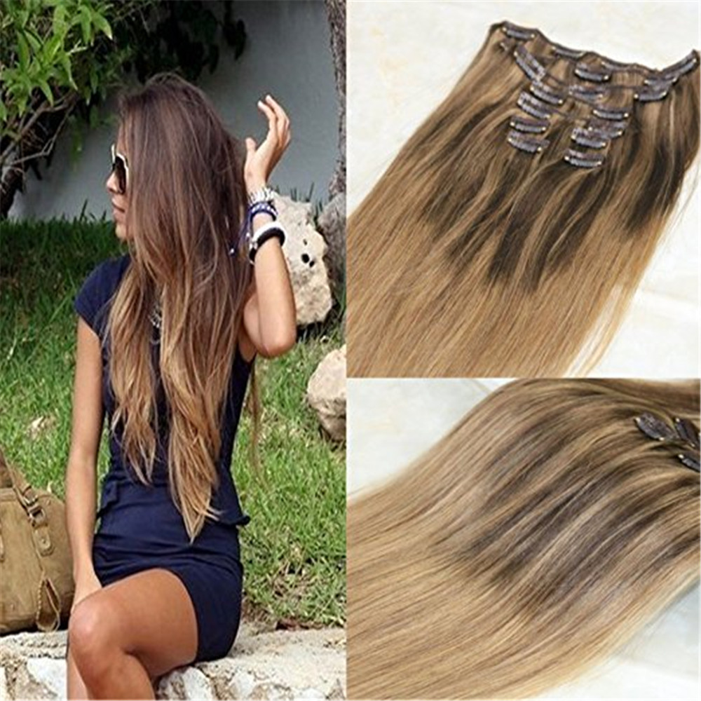 Balayage Clip in Hair Extensions #4 Dark Brown mixed #27 Honey Blonde and Color #10 Golden Brown Ombre Brazilian Human Hair Extensions Clips