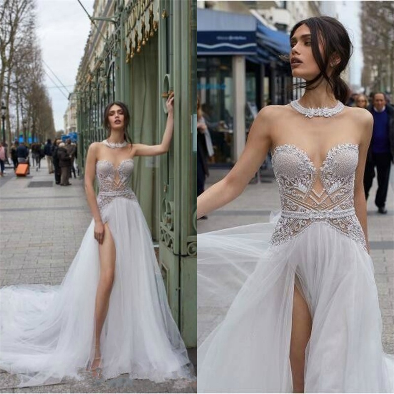 2019 Julie Vino Beach Wedding Dresses High Slit Split Lace Appliques Sexy Boho Bridal Gowns Beaded Backless Wedding Dress