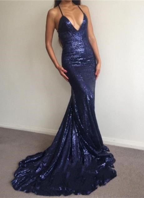 Sexy Spaghetti Mermaid Deep V-Neck Backless Party Dresses Sleeveless Sequined Farmal Evening Gowns Plus Size Prom Dress 0510