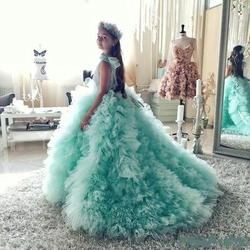 Mint Green Jewel Neck Flower Girl Dresses Kids Pageant Dress for Girls Glitz Court Train Ruffles With Bow Kids Prom Gowns