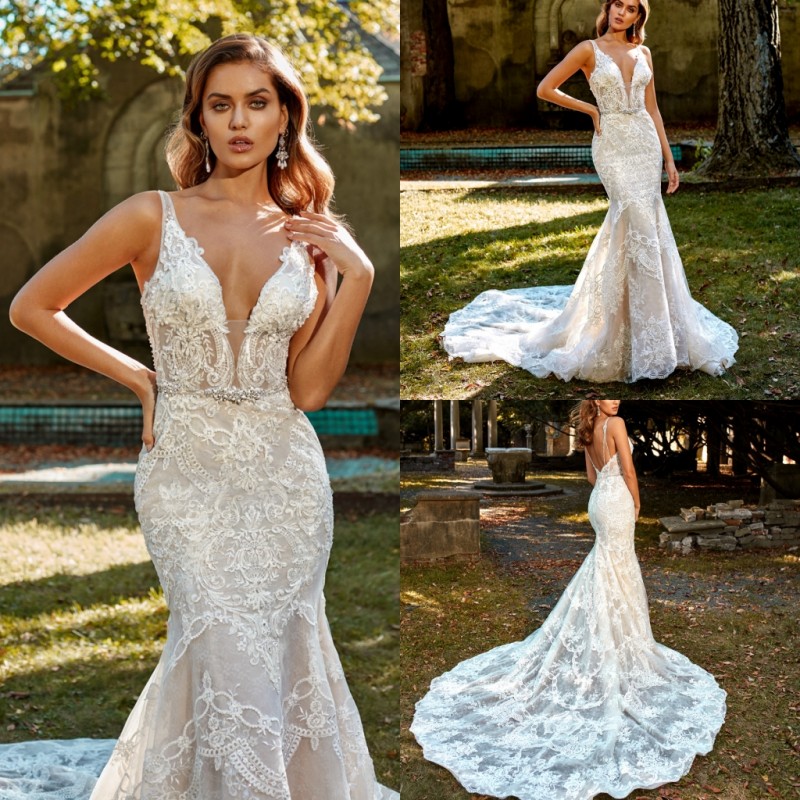 Eve of Milady 2019 Wedding Dresses Sexy Backless Deep V Neck Lace Appliqued Mermaid Bridal Gowns Plus Size Wedding Dress