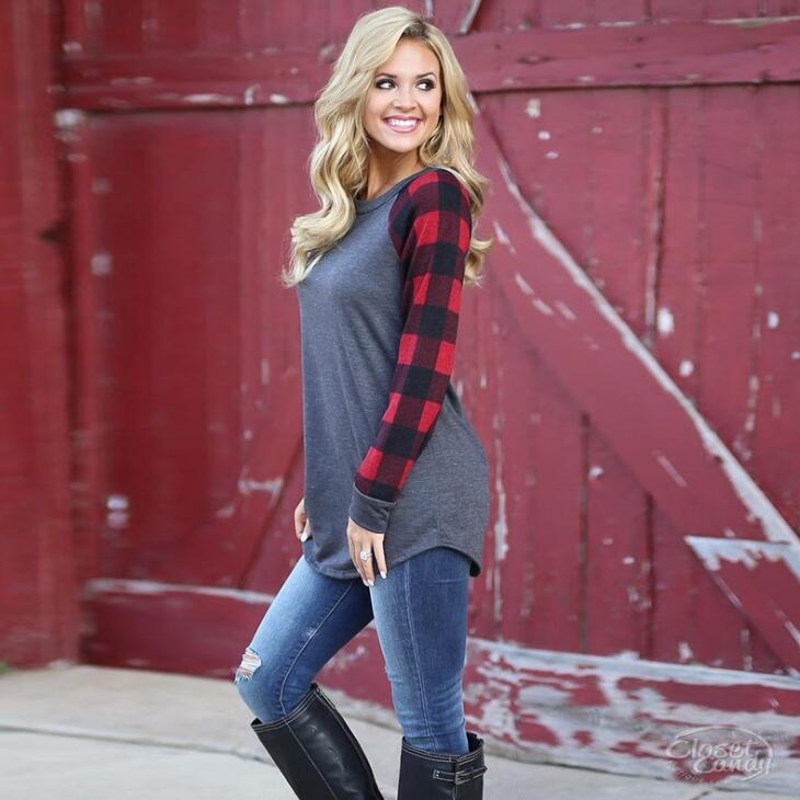 Autumn T Shirts For Women With Print Plaid High Quality Casual Tops Cotton Loose Woman Clothing Long Sleeve T-Shirt