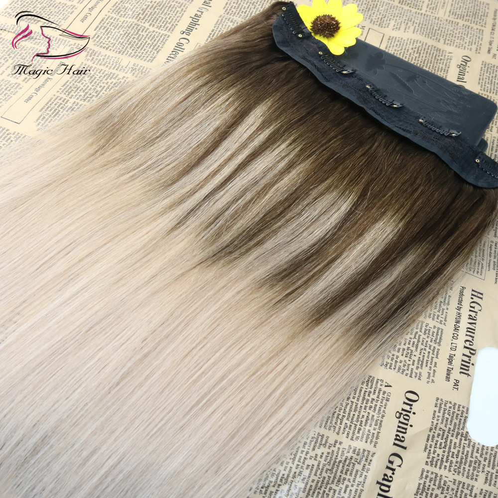 5 Clips One Piece Clip In Human Hair Extensions With Lace Straight Brazilian Virgin Hair Ombre Balayage Color #4 Fading To #18 70grams