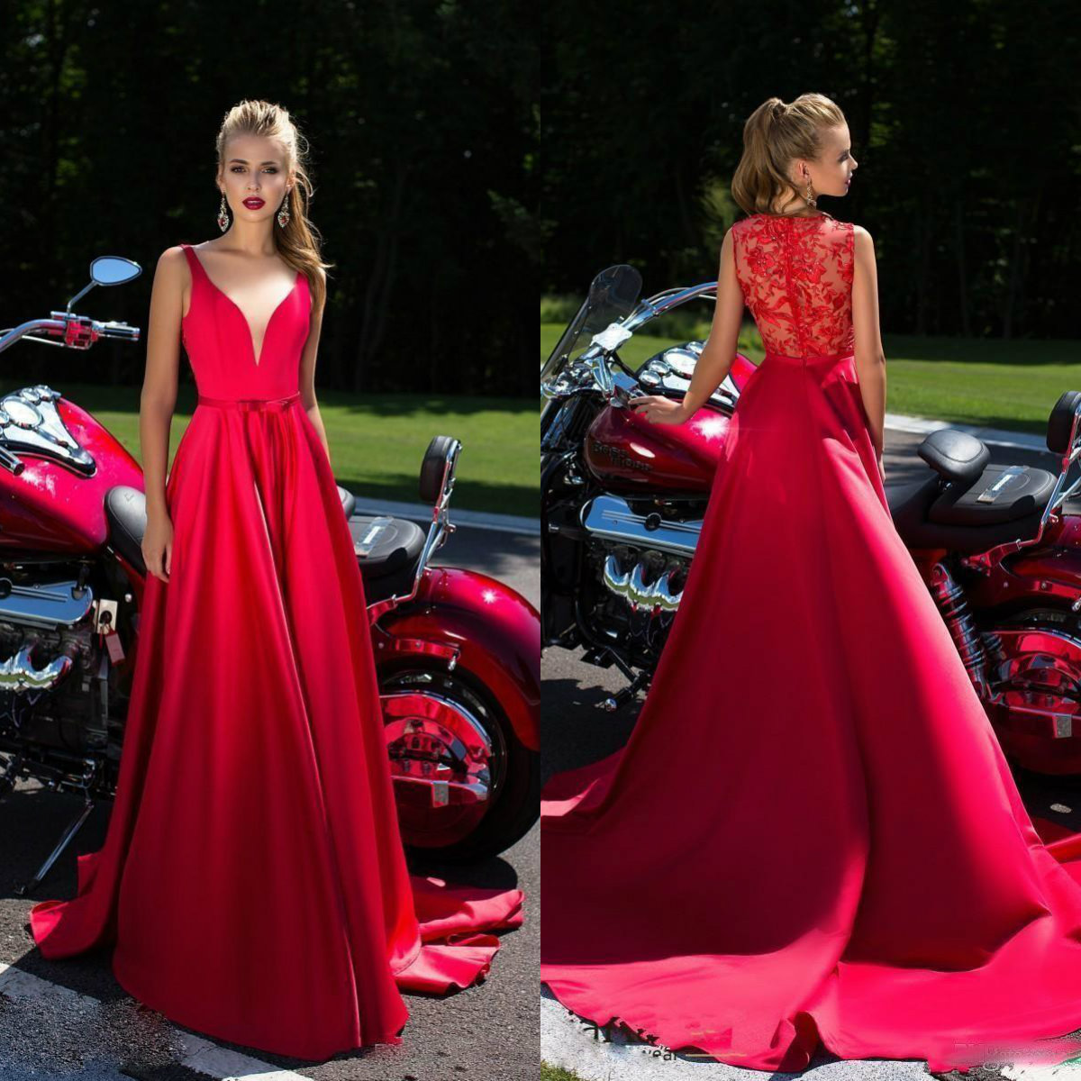 Latest Runway Fashion Long Evening Dresses V Neck Sleeveless Red Satin Sheer Lace Back Prom Dress Formal Party Gowns