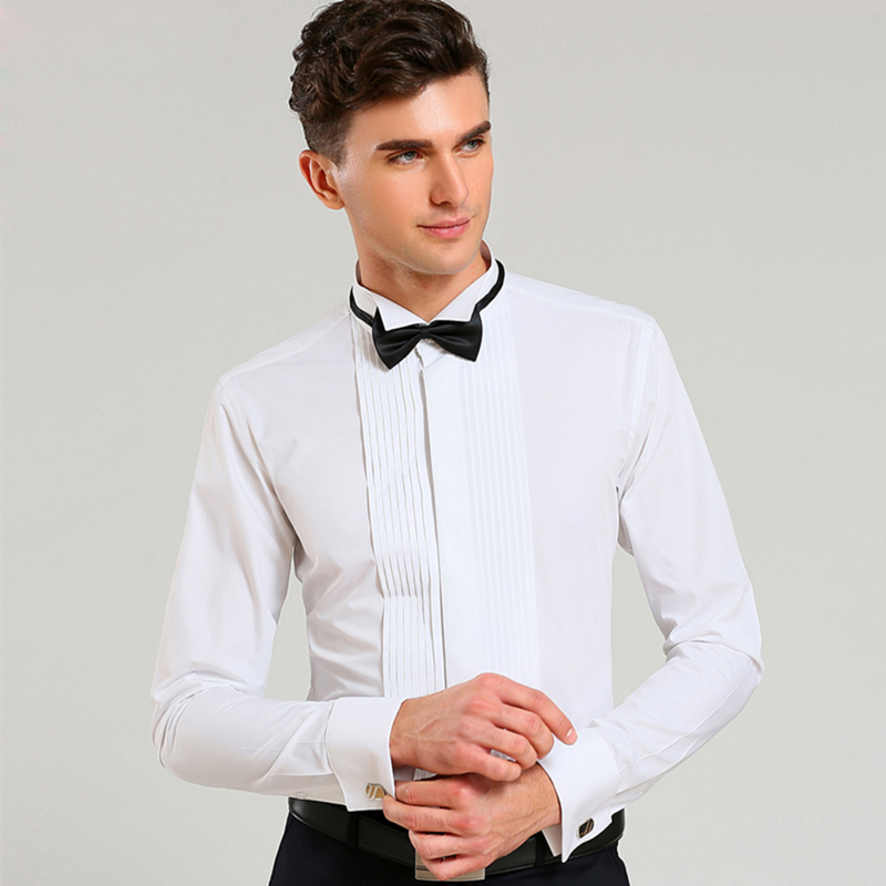 Men's Long Sleeve Wing Collar Tuxedo Dress With Tie Black, White, Pink - French Cuffs, 25% Cotton 75% Polyester, Formal Wedding Groom Shirt B4