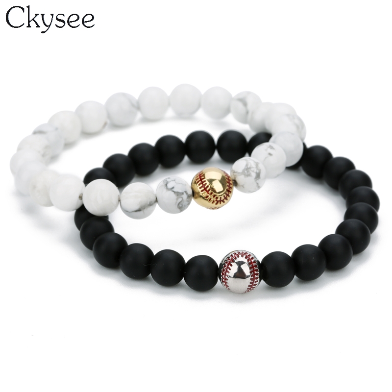 Ckysee 8mm Natural Stone Beads Bracelet Jewelry For Women Black White Color Elastic Rope Baseball Charm Bracelets Couple Jewelry