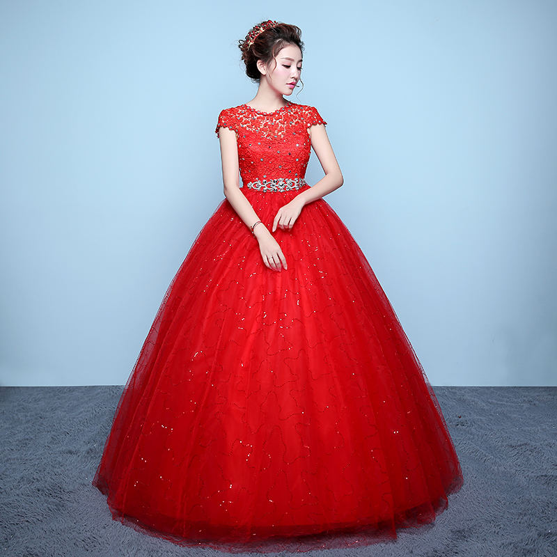 2018 New Fashion A-Line Wedding Dresses O-Neck Short Sleeve Beaded Sashes White Ball Gown Lace Up Bridal Dress Vestidos De Novia