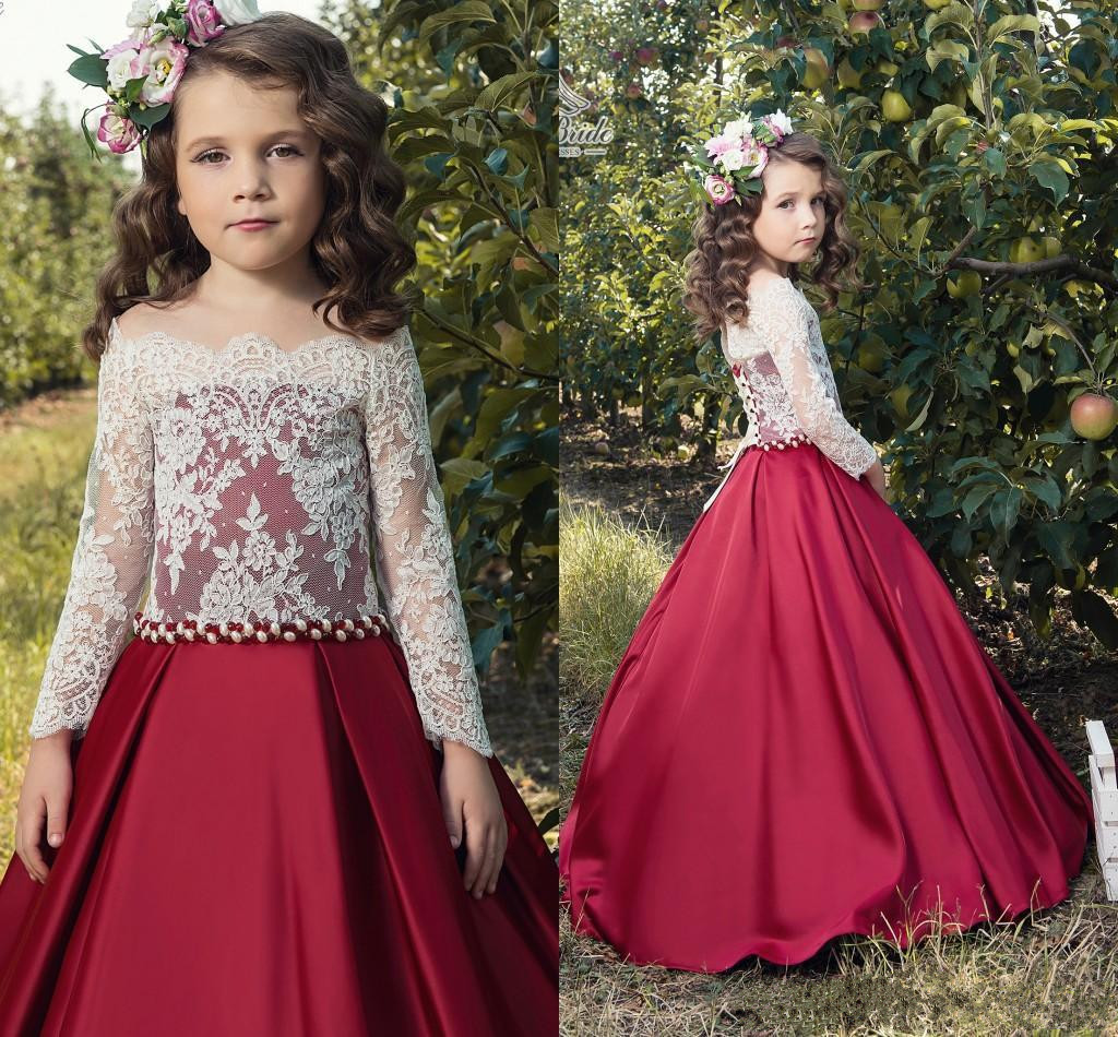 2019 New Arrival Flower Girls Dresses For weddings Lace Top Off The Shoulder Long Sleeves Kids Formal Wear Ball Gown Communion Dress