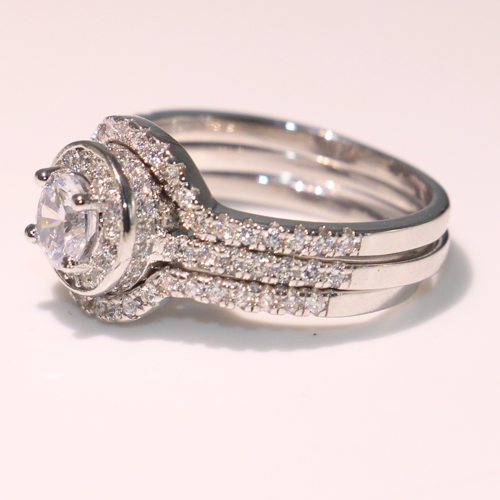 10KT White Gold Fill Topaz Pave CZ Dia 3pcs Wedding Band Ring for Women