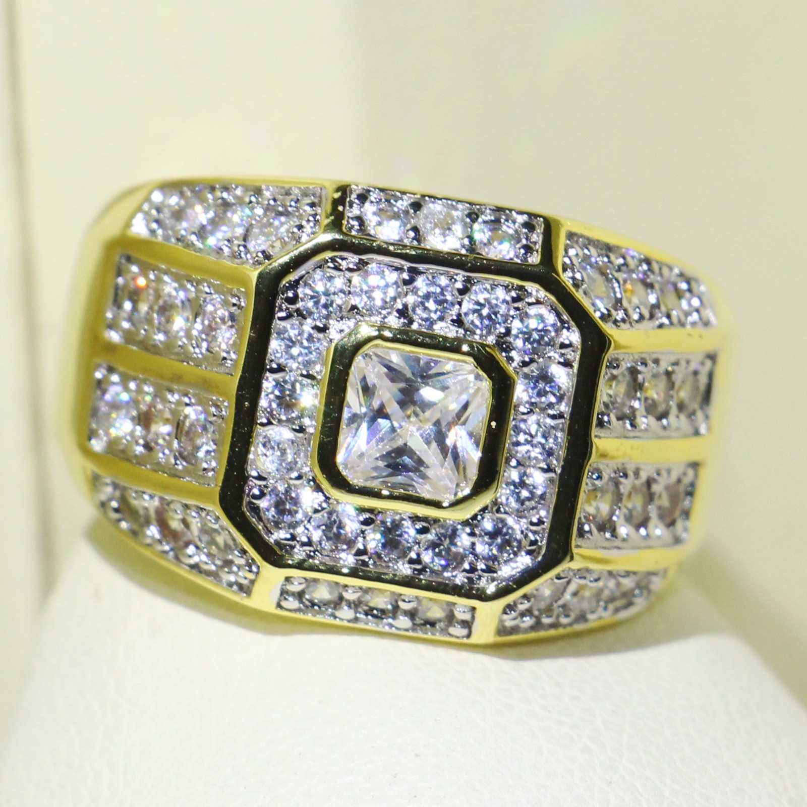 Sier & Gold Fill Princess Pave Finger Ring with White Topaz CZ Dia Band for Men