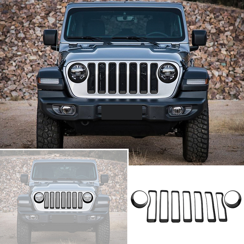 Car Headlight Cover Trim And Front Mesh Grille Ring Decoration For Jeep Wrangler JL 2018+ Car Accessories