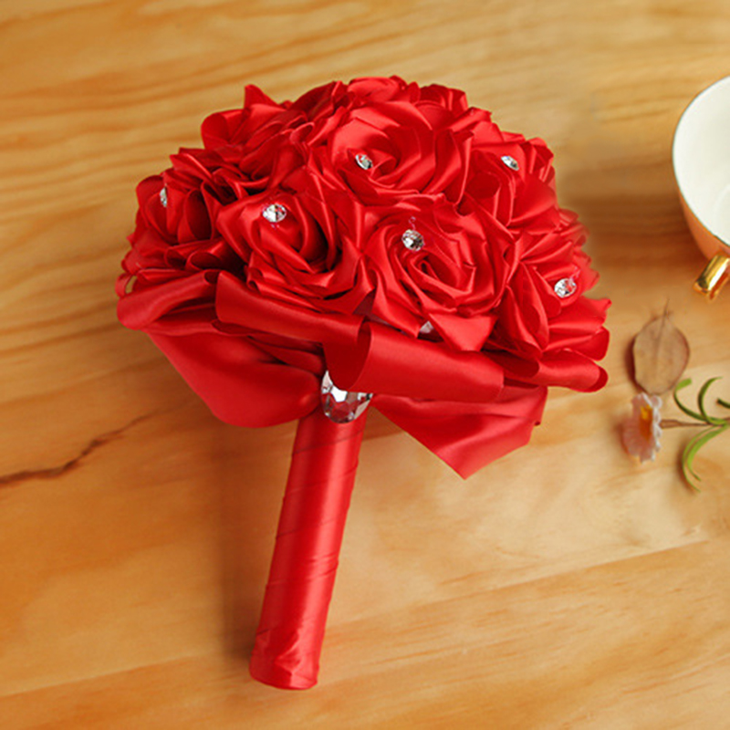 Satin Rose Wedding Bridal Bouquets Handmade Flowers Artificial Rose Crystals Wedding Supplies Bride Holding Flowers Brooch Bouquet CPA1589