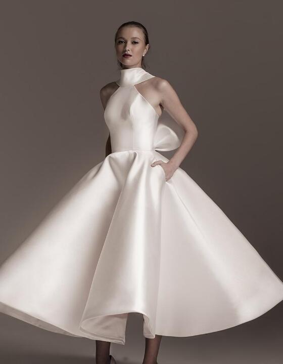 High Collar Elegant Wedding Dress With Pockets Ruffles Bow Satin Bridal Gowns Custom Made Fashion Short Wedding Dresses