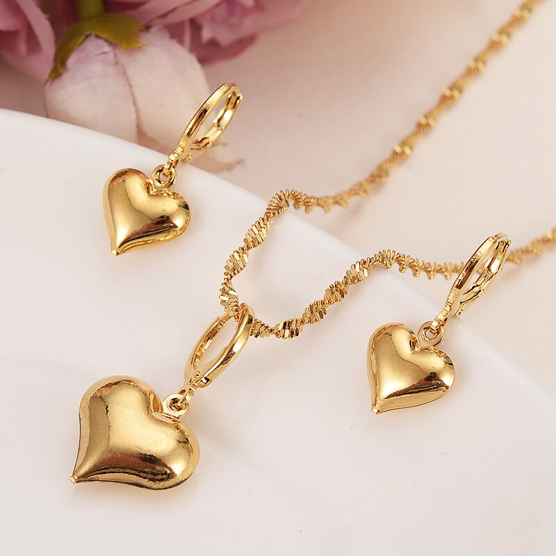 24 k Yellow Solid Gold Filled Lovely heart Pendant Necklaces earrings Women girls party jewelry sets gifts diy charms