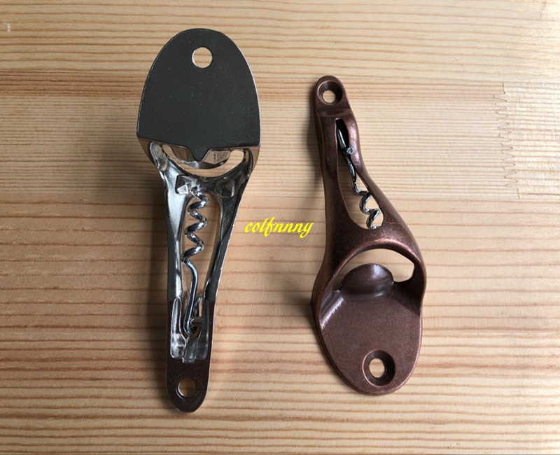 5pcs/lot Free shipping 2 in 1 Retro Metal Wall Mount Red Wine Bottle opener + beer bottle openers with screws Bar tools