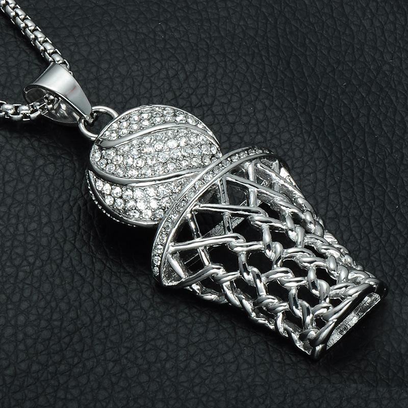 Hip Hop Basketball Pendant Necklaces Iced Out Bling Full Rhinestone basketball hoop Stainless Steel Chain Necklace For Mens Hiphop Jewelry