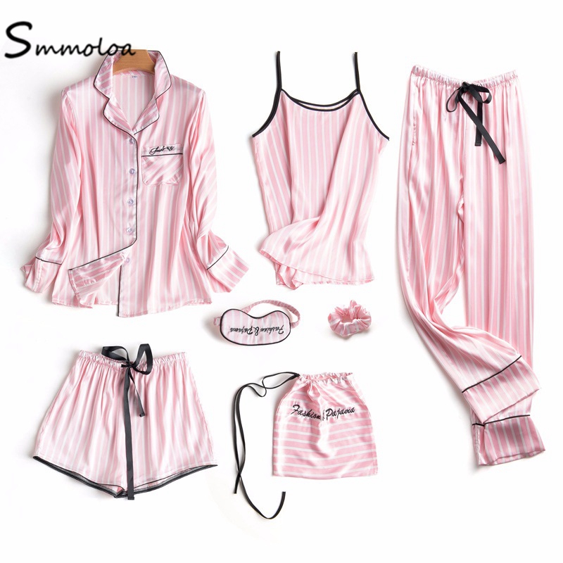 Smmoloa Women Sexy Silk Satin Striped Pajamas Set 7Piece Spring Summer Sleepwear Pyjamas Sets, Pink
Smmoloa Women Sexy Silk Satin Striped Pajamas Set 7Piece Spring Summer Sleepwear Pyjamas Sets, Pink