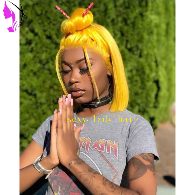 Full density Yellow Color short wig cosplay Heat Resistant Hair handmade party Synthetic Lace front bob wig for Women present