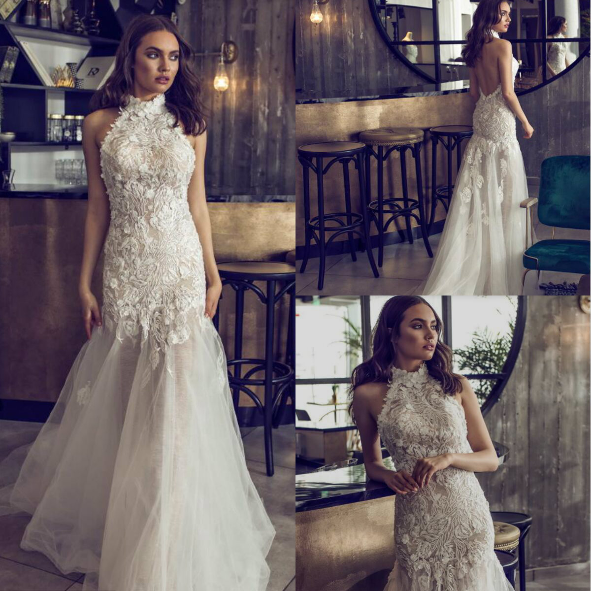 2019 Mermaid Wedding Dresses Halter 3D Floral Applique Backless Sweep Train Lace Bridal Dress Sleeveless Plus Size robe de mariée Gowns