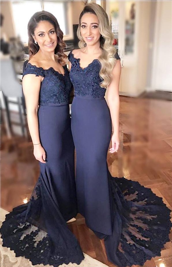 Modest Long Bridesmaid Dresses Off Shoulder Lace Appliques Mermaid Prom Dresses With Long Train Elegant Evening Gowns Maid Of Honor Dress