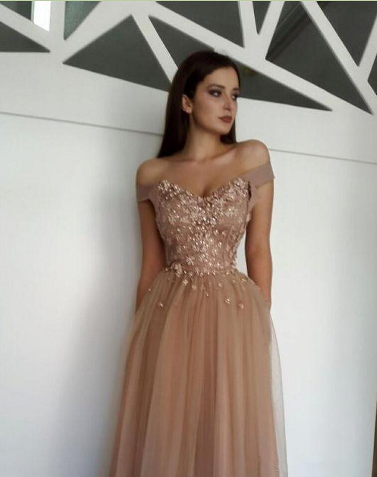Charming Nude Tulle Applique Beaded Prom Dresses Off Shoulder A-Line Evening Gowns Formal Prom Party Dresses