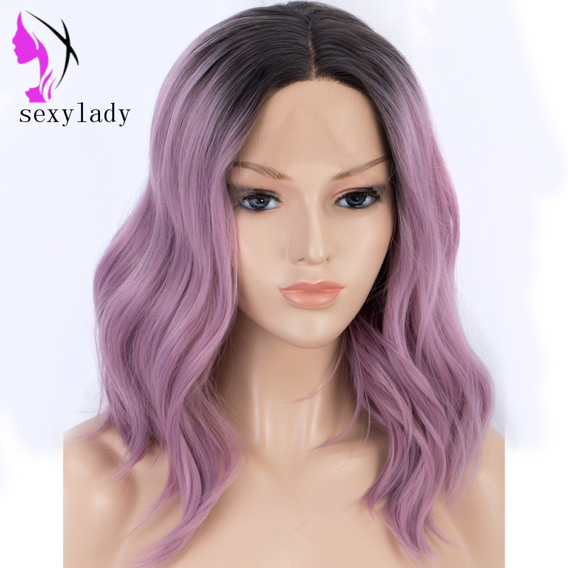 Hotselling Natural Water Wave Short Bob Synthetic Wigs for Women Curly Cosplay Wig ombre two tone purple synthetic lace front wig