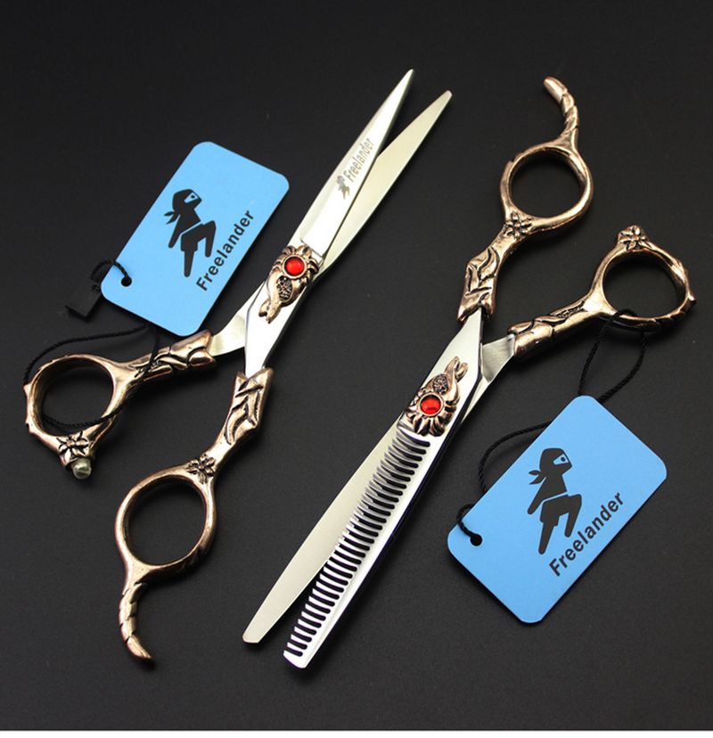 Freelander 6.0 inch 440C TB-66/TB-67 red drilled sunflower/TB-68 Pharaoh crown cutting/thinning scissors with leather case