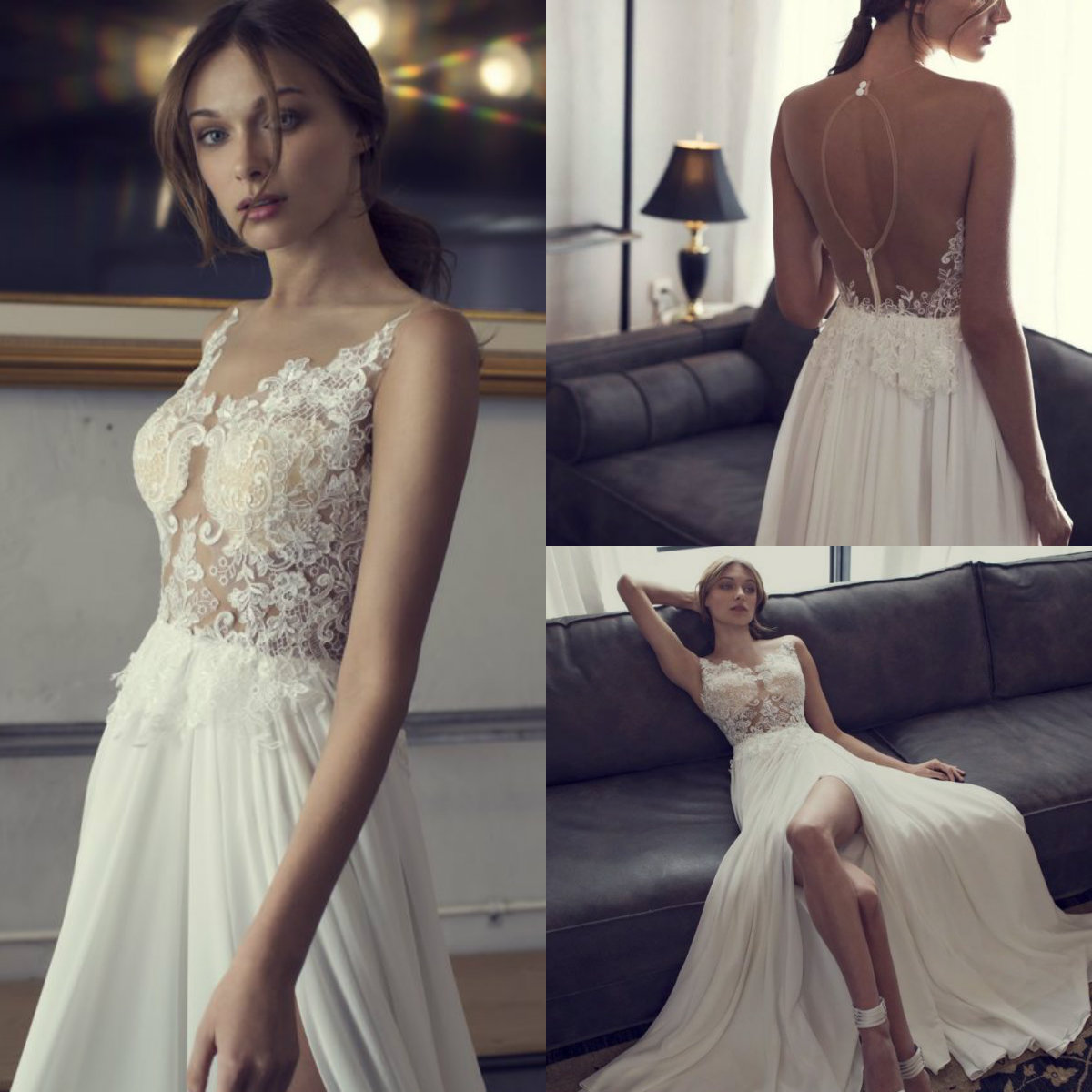 Riki Dalal Lace Wedding Dress Side Split Chiffon Sheer Jewel Neck Hollow Back Sweep Train Country Wedding Gowns Sleeveless Boho Bridal Dress